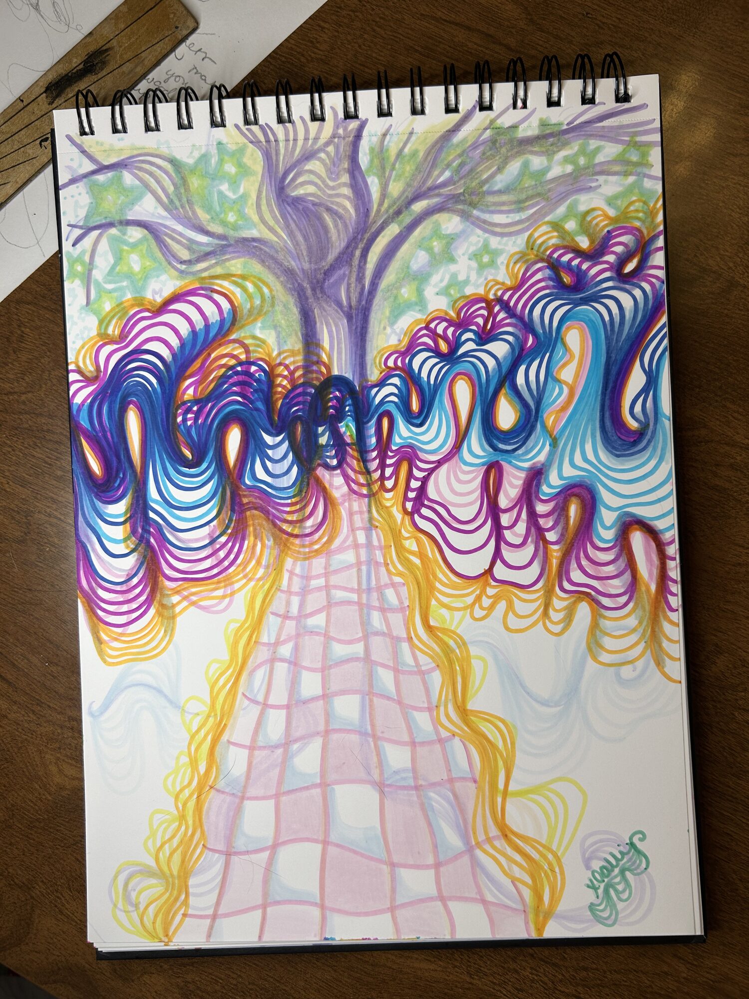 marker drawing visualizing the heart chakra as a doorway in a tree with energy lines entering the doorway