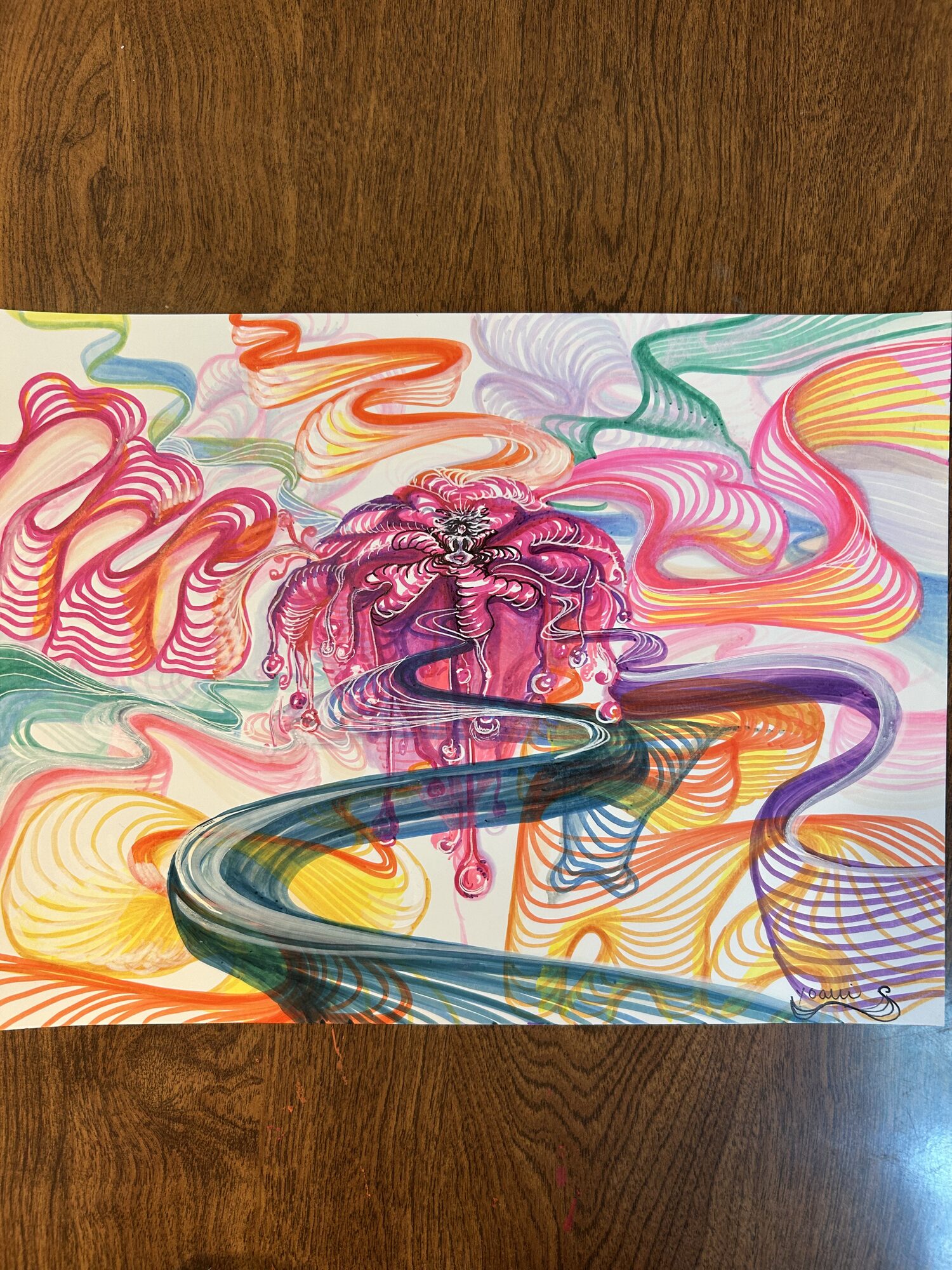 marker drawing of tiny figure in meditation with rainbow lines around representing infinite possible timelines