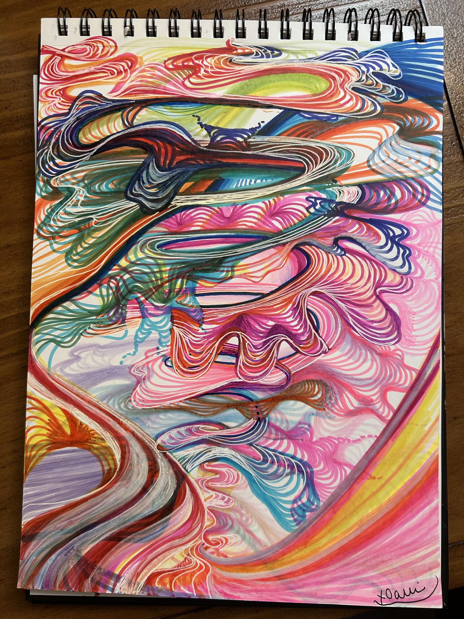 rainbow lines swirling in a tornado-like design. an analogy for timelines swirling through the astral plane. hand-drawn marker art by x0alli_art