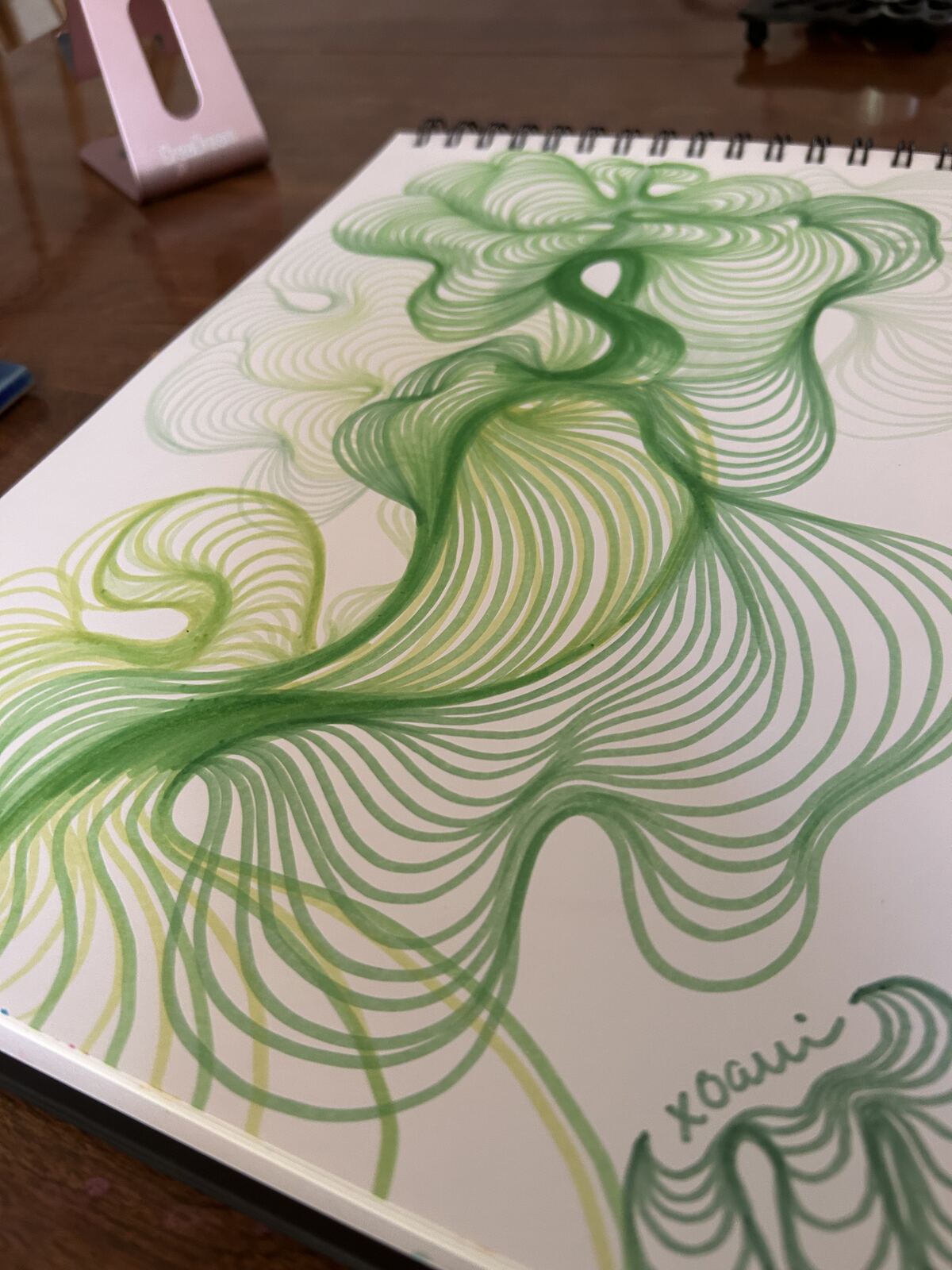 Green marker line drawing of flowing, root-like spiral forms in a sketchbook, signed x0alli. visualization of the swirling energies of a four leaf clover