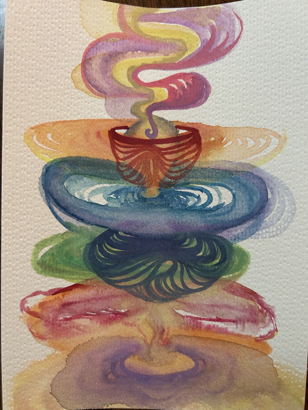 Watercolor piece showing all seven chakra colors stacked vertically around a person floating in meditation