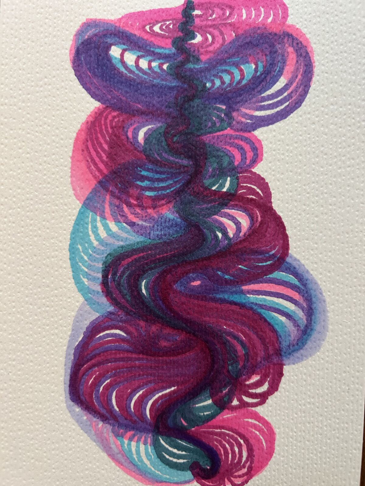 Pink, purple, and teal marker piece with a dark thread winding through stacked spiral forms
