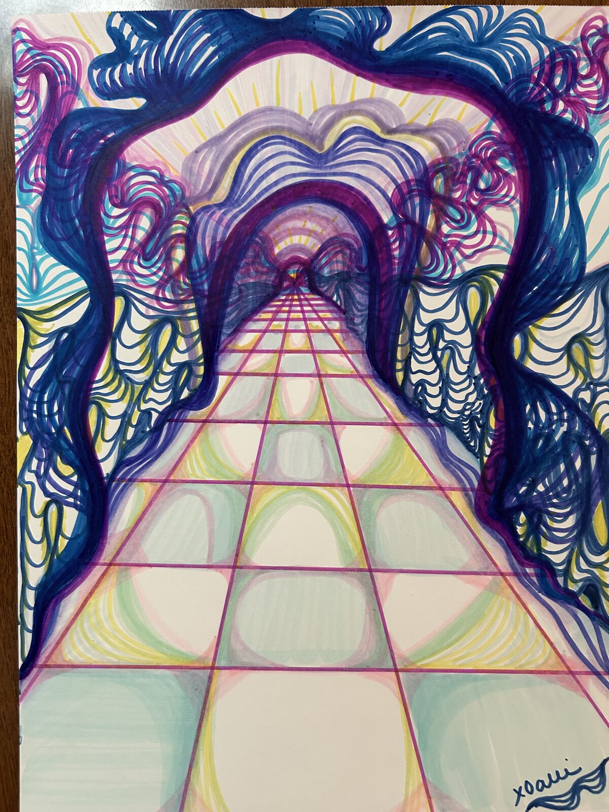 Marker drawing of a glowing tiled path receding through a blue and purple arched tunnel toward light